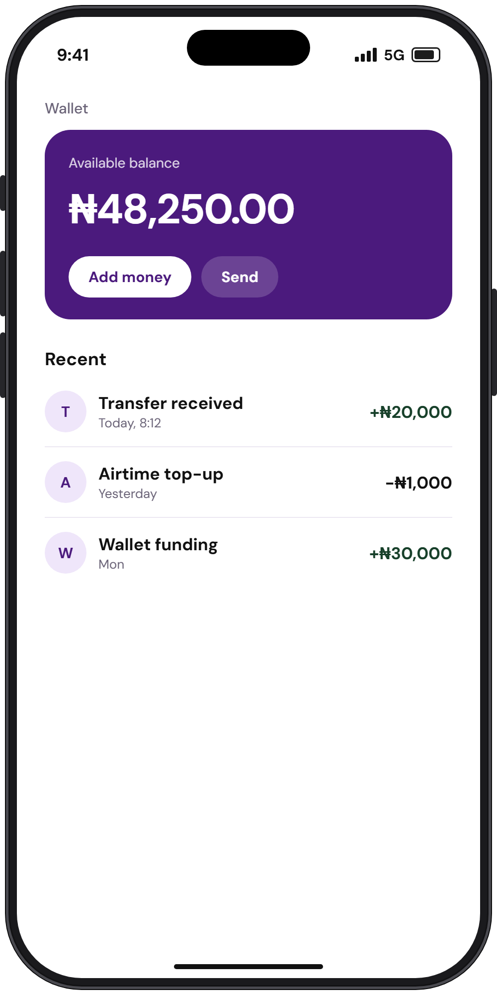 A phone showing a wallet balance of 48,250 naira and three recent transactions. Example data.