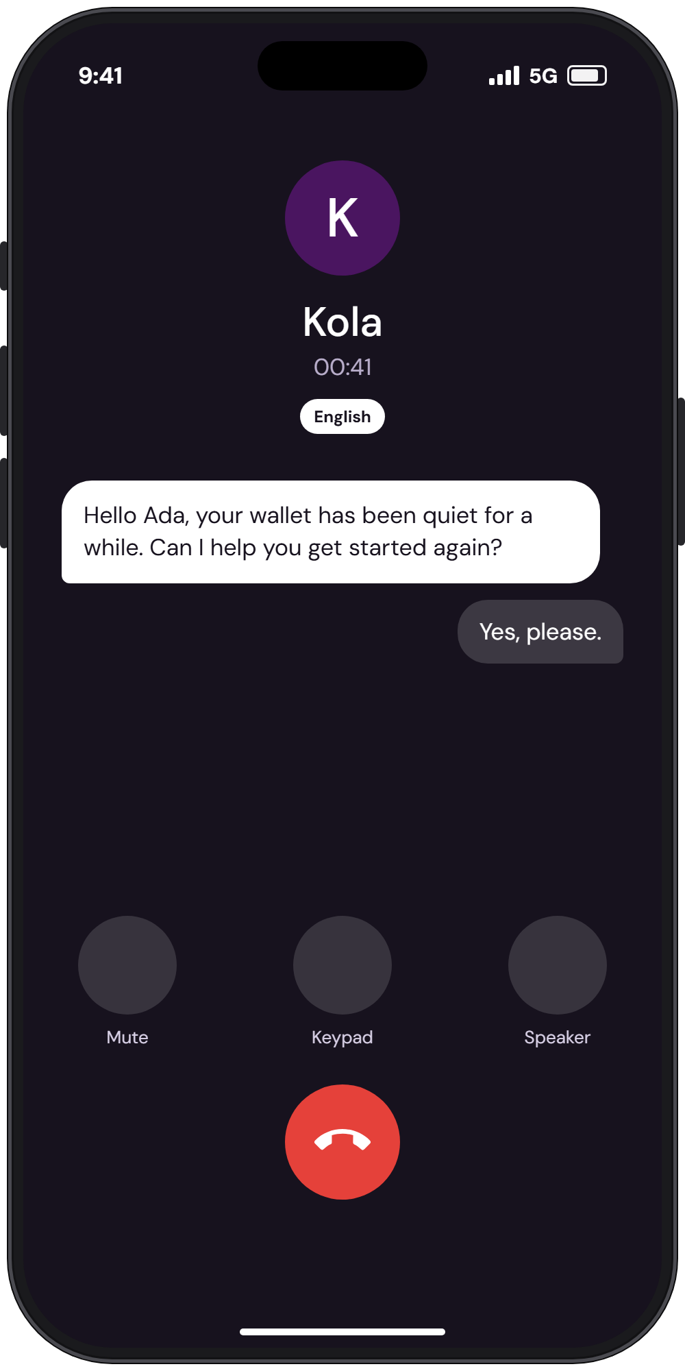 A phone showing Kola on a call: hello Ada, your wallet has been quiet, can I help you get started again? Example data.