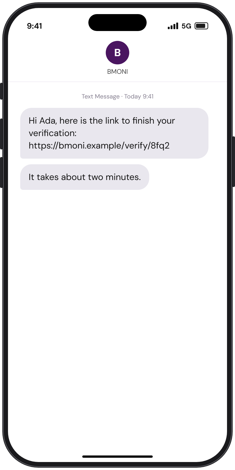 A text message from the bank with a link to finish verification. Example data.